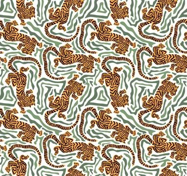 Tiger Art Seamless Pattern On Beige background Wallpaper illustration Vecto.. Stock Illustration