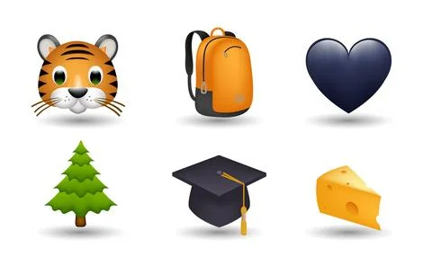 Tiger, backpack, black heart, pine tree, bachelor cap, cheese vector emoji Illustrazione stock