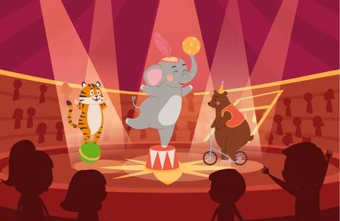 Tiger on ball, bear on bicycle, elephant holding ball, cartoon circus animals Stock Illustration