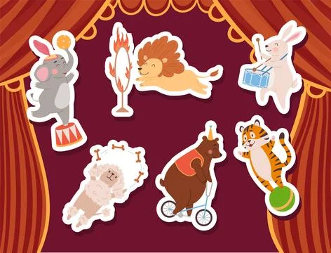 Tiger on ball, bear on bicycle, elephant holding ball, vector cartoon circus Stock Illustration
