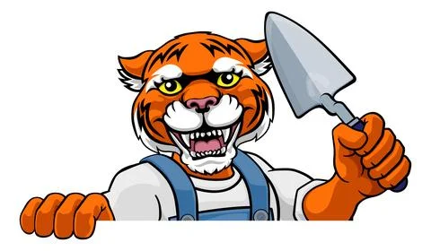 Tiger Bricklayer Builder Holding Trowel Tool Stock Illustration