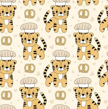 Tiger chef with a hat. Seamless pattern. Pretzel and hearts. Cartoon illustra 스톡 일러스트