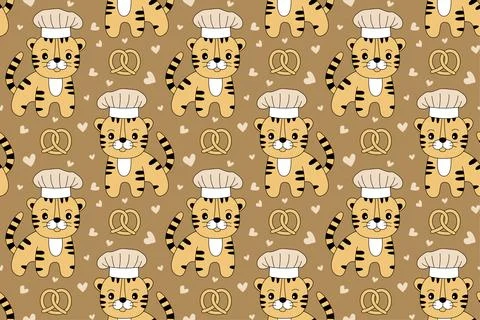 Tiger chef with a hat. Seamless pattern. Pretzel and hearts. Cartoon illustra 스톡 일러스트