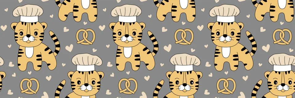 Tiger chef with a hat. Seamless pattern. Pretzel and hearts. Cartoon illustra Illustrazione stock