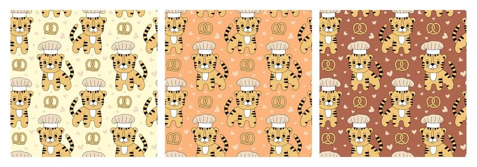 Tiger chef with a hat. Seamless pattern. Pretzel and hearts. Cartoon illustra Stock Illustration