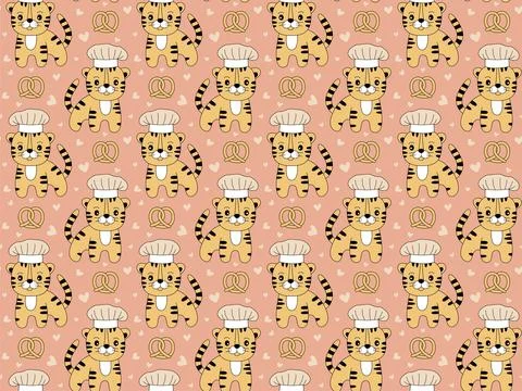 Tiger chef with a hat. Seamless pattern. Pretzel and hearts. Cartoon illustra Illustrazione stock