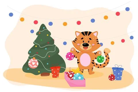 Tiger cub decorates the Christmas tree Stock Illustration