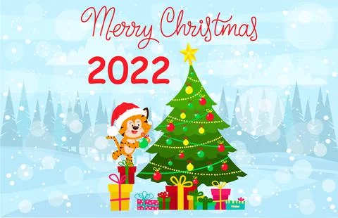 The tiger cub is decorating the Christmas tree. Stock Illustration
