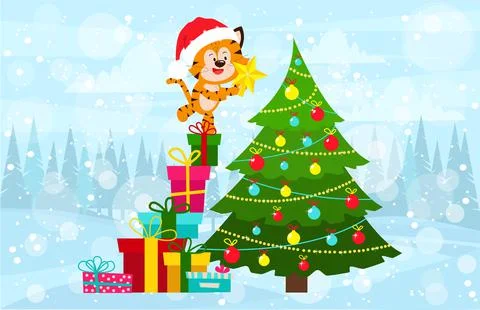 A tiger cub dresses up a Christmas tree with toys. Stock Illustration