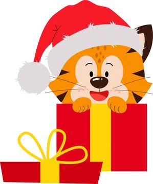 A tiger cub in a red hat is sitting in a gift Stock Illustration