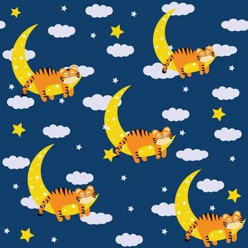 Tiger cub sleeping on the moon, pattern, color vector illustration Stock Illustration