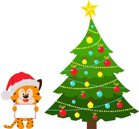 A tiger cub with a text board and a decorated Christmas tree. Stock Illustration