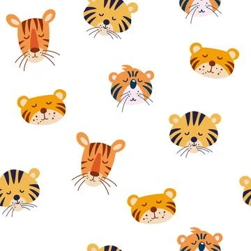 Tiger cubs muzzles seamless pattern. Colorful background with funny animal fa Stock Illustration