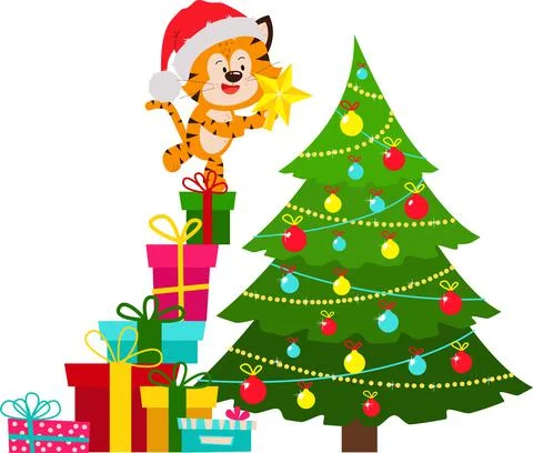 A tiger is decorating a Christmas tree. Stock Illustration