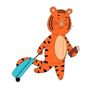 A tiger with documents and a suitcase went on a trip, a cute animal. Stock Illustration