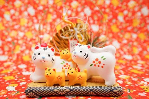 Tiger doll and background background (New Years card material) Stock Photos