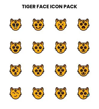 Tiger Face Lineal Color Bundle Icons Pack Stock Illustration