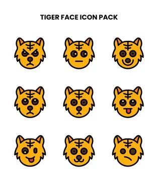 Tiger Face Lineal Color Vector Icons Pack Stock Illustration