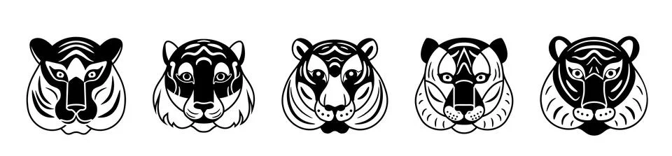 Tiger faces set vector background. Black and white color, monochrome. Graphic Illustrazione stock