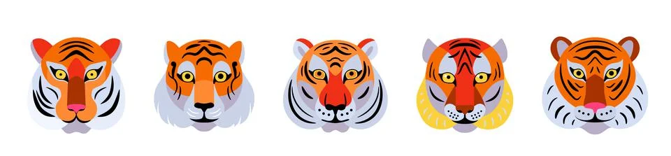 Tiger faces set vector background. Graphic design animal elements for chinese 스톡 일러스트