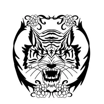 Tiger On Fire Silhouette. Aggressive demon beast head in monochromatic style Stock Illustration