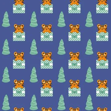 Tiger in gift box seamless pattern. Cool baby repeatable print. Christmas vec Stock Illustration