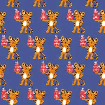 Tiger with gifts seamless pattern. Cool baby repeatable print. Christmas vect 스톡 일러스트