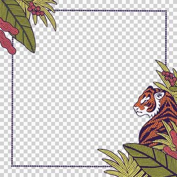 Tiger head and dotted frame are creating leaf berry border, flat transparent Stock Illustration