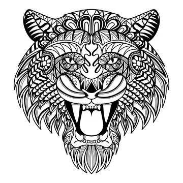 Tiger head angry mandala zentangle coloring page illustration Stock Illustration