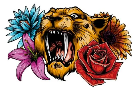 Tiger head face and composition flowers yellow sunflowers roses vector Stock Illustration
