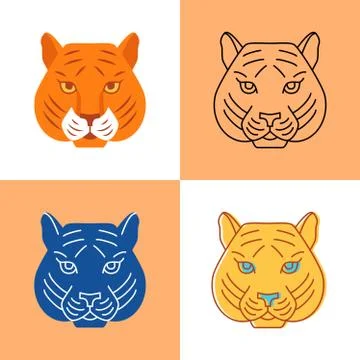 Tiger head icon set in flat and line styles Stock Illustration