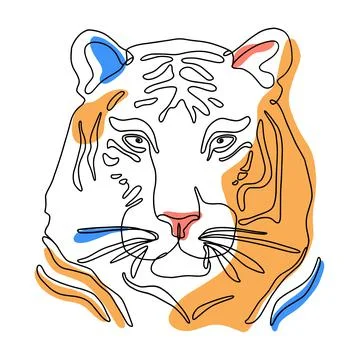 Tiger Head one line art drawing in trendy minimal style. Portrait of animal. Stock Illustration