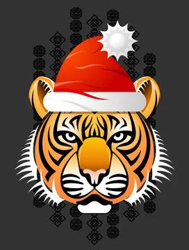 Tiger head in red Santa Claus hat Stock Illustration