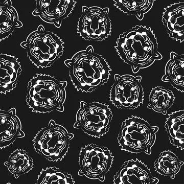 Tiger head seamless pattern with beautiful animal vector hand drawn lion face Illustrazione stock