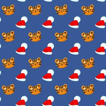 Tiger head seamless pattern with Christmas hat. Cool baby repeatable print. V イラスト素材