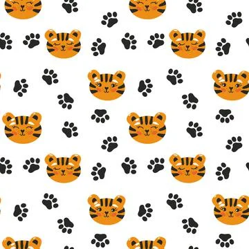 Tiger head seamless pattern with footprints. Cool childign repeatable print. Stock Illustration