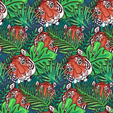 Tiger head seamless pattern vector wallpaper template Stock Illustration