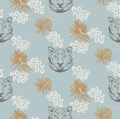 Tiger head seamless vector pattern. Silhouette wild cat animal blue background Stock Illustration