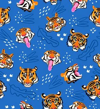 Tiger head vector seamless pattern on blue background. Funny flat vector Stock Illustration