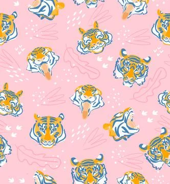 Tiger head vector seamless pattern on pink background. Funny flat vector Stock Illustration