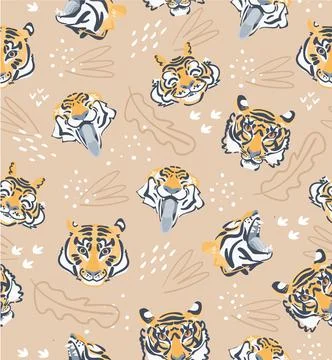 Tiger head vector seamless pattern on pastel background. Flat vector. Stock Illustration