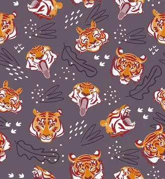 Tiger head vector seamless pattern on dark purple background. Flat style vector. Stock Illustration