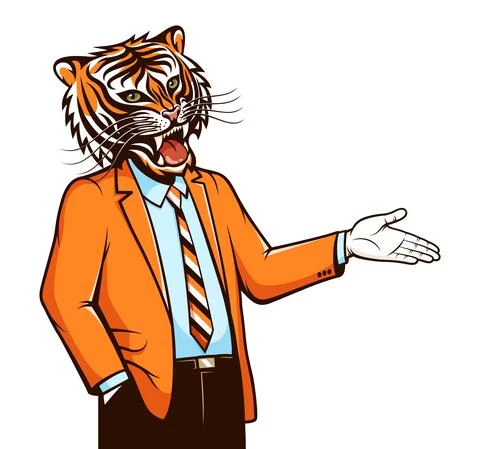 Tiger in jacket explains, shows something Stock Illustration