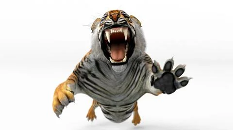 Tiger jump and leaping attack to camera realistic 3d rendering include alpha  Stock Illustration