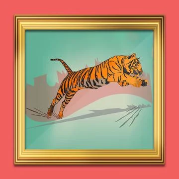 Tiger jump Colored image wall art Stock Illustration