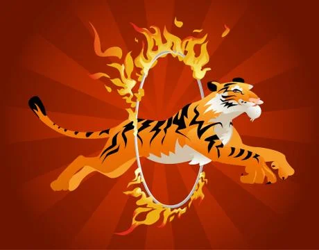 Tiger jumping through a hoop of fire. Stock Illustration