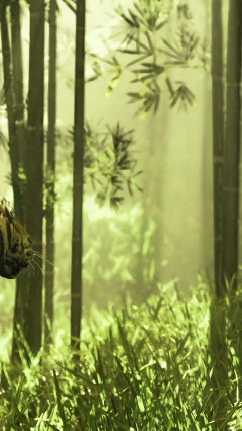 Tiger leaps through green bamboo forest during bright daylight hours Stock Footage 332220020