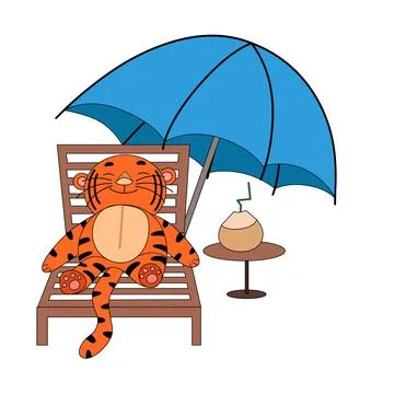 A tiger is lying on the beach under an umbrella, a cute animal. Stock Illustration