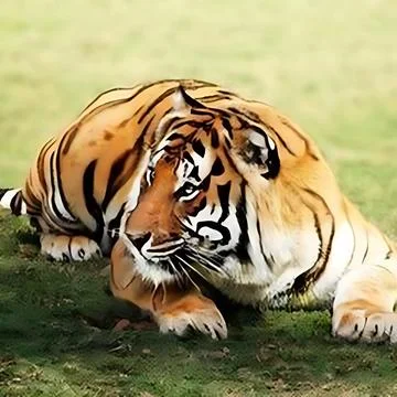 A tiger lying down on grass. Foto stock