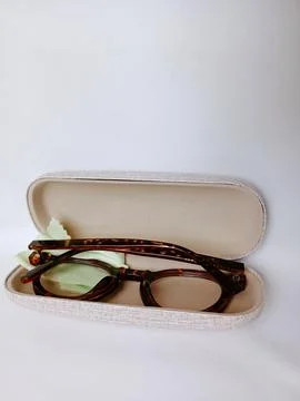 Tiger pattern eyeglass lens and cleaner fabric inside opened case Stock Photos